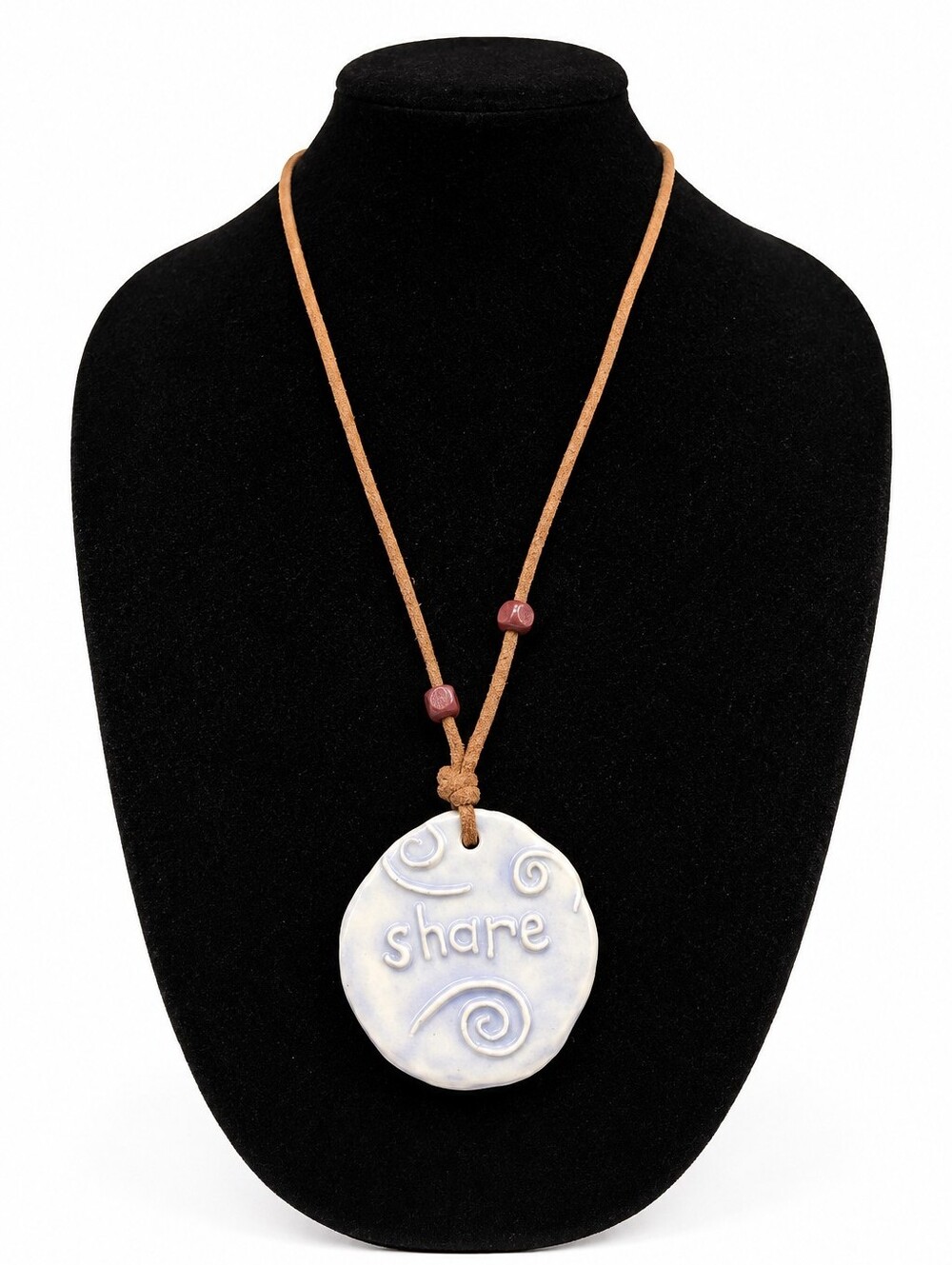 Ceramic "Share" Pendant Necklace Brown Cord Boho Inspirational Statement Jewelry